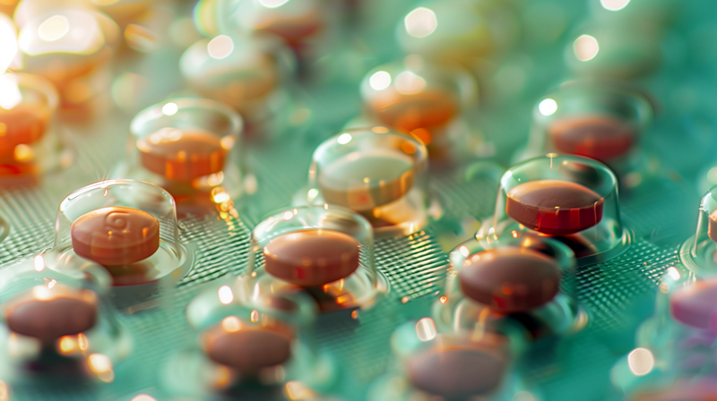 An up-close image of a medication blister pack of orange colored pills.